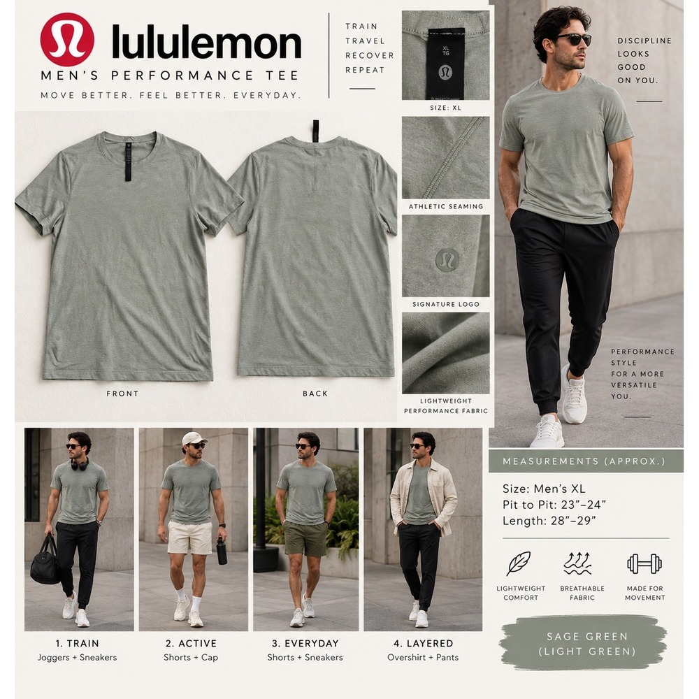 Lululemon Mens XL Sage Green Athletic T Shirt Short Sleeve Training Workout Tee